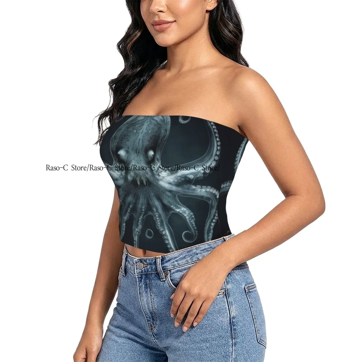 Women's strapless halter top Octopus Background summer sexy short-sleeved top