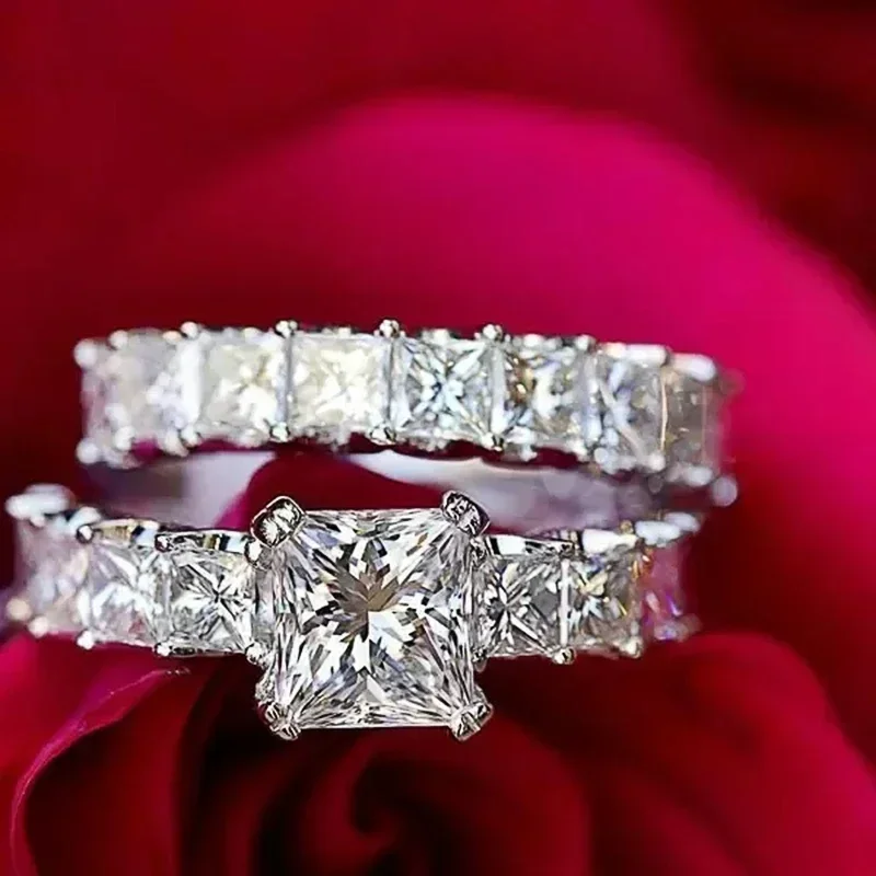 New Trendy Luxury Princess Cut CZ Promise Rings for Women Crystal Engagement Wedding  2Pcs Set Jewelry Wholesale Lots