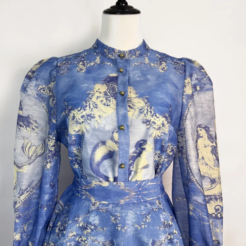 Ele Ensemble t-shirt demi-jupe Ensemble col montant bouton unique irt taille haute coupe ample jupe évasée français Sle