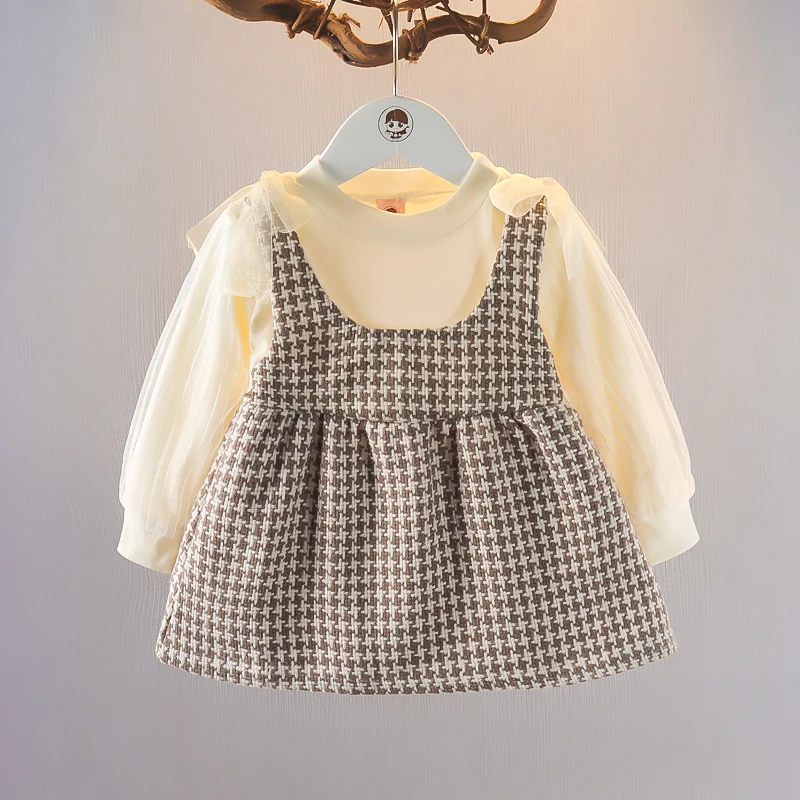 2024 Spring and Autumn Girls Sweet Long Sleeve Button Princess Dress Checkered Round Neck Dress Children\'s Clothing 1-5Y