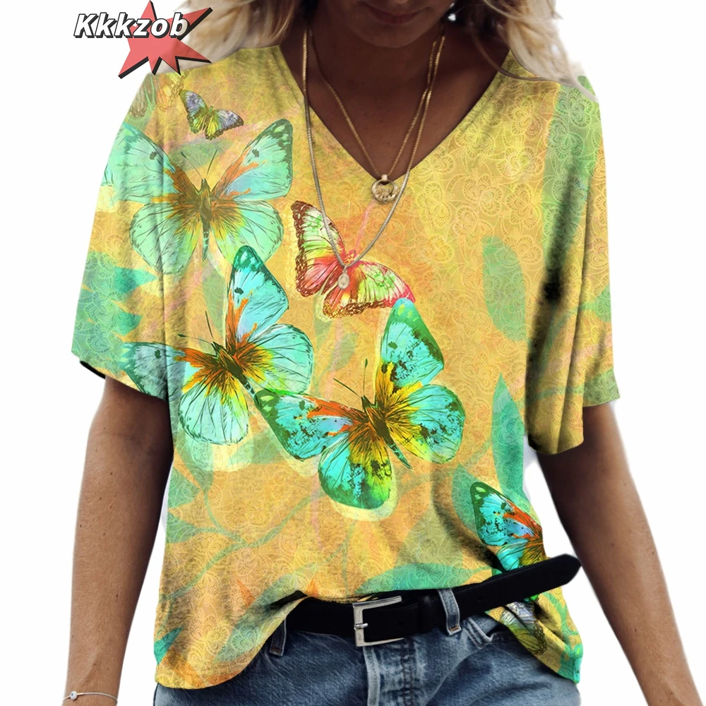 Butterfly Casual Clothing V-Neck Short Sleeve Tshirt Fashions Women\'s Tshirts Plus Size Tops Summerretro Everyday Life Clothing