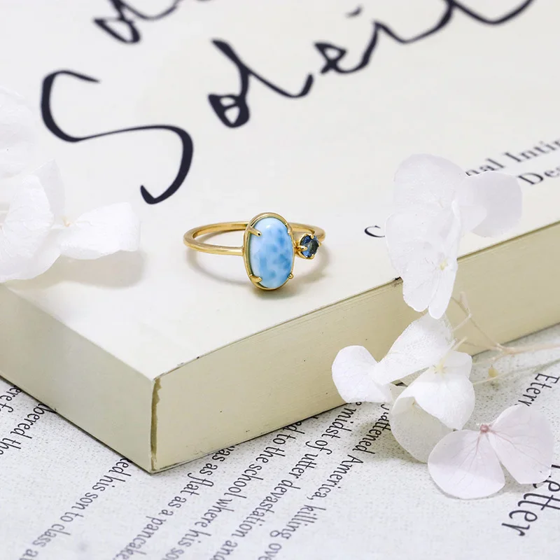 

LAMOON Wedding Ring Natrual Larimar Topaz Gemstone 925 Sterling Silver Light Gold Plated Rings Oval Shape Fine Jewelry RI312