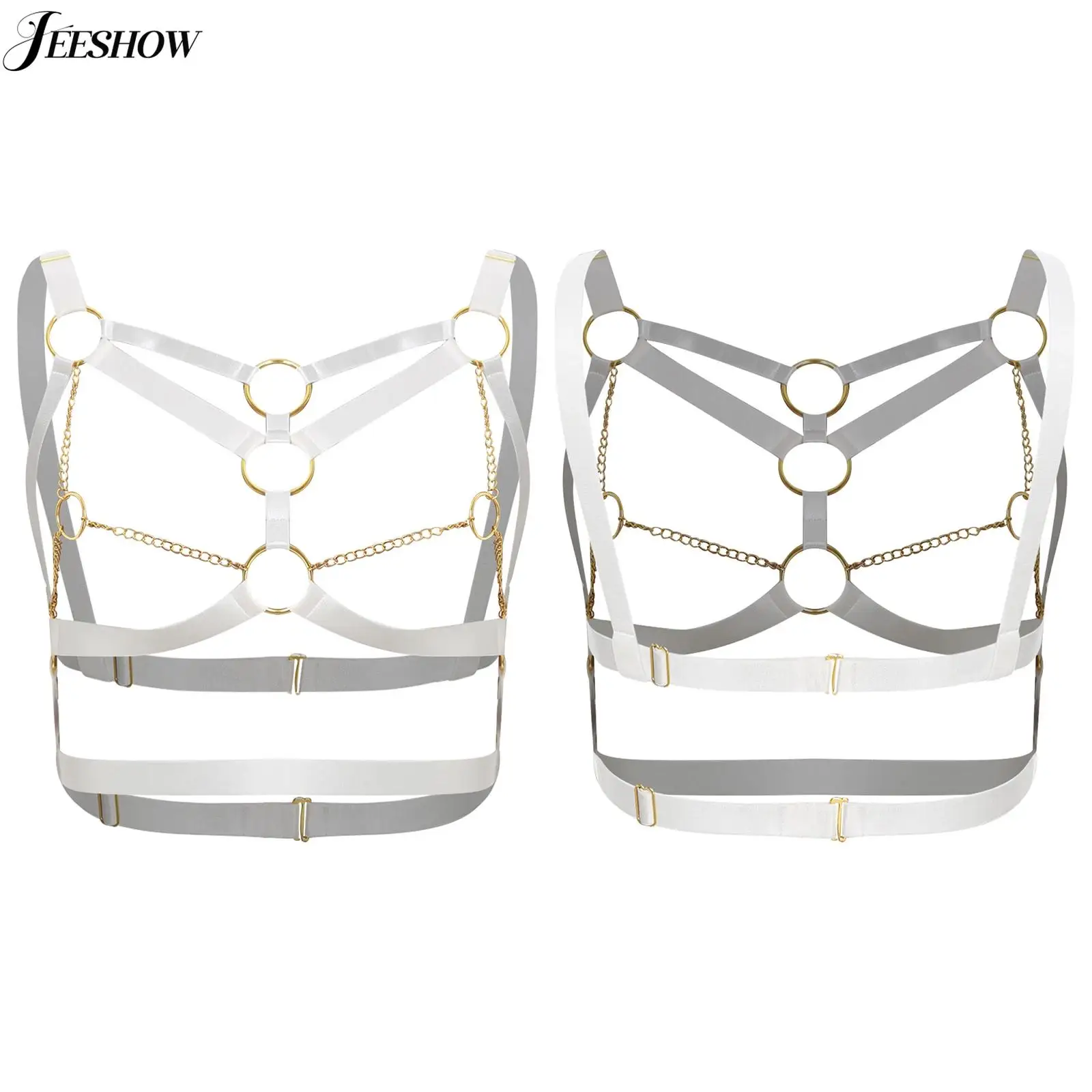 

Womens Metal Chain Body Chest Harness Bra O-rings Hollow Out Elastic Band Body Belts Cut Out Open Cup Balette Crop Top Underwear