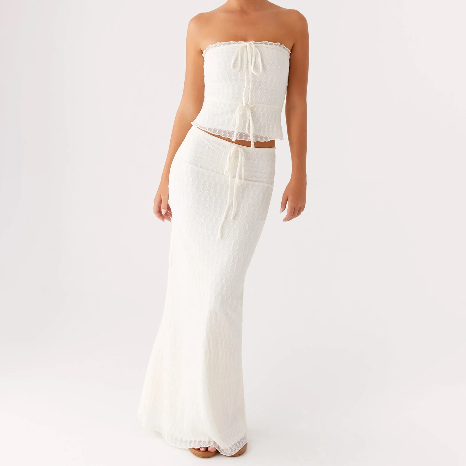 新しい女性の夏の衣装無地クロップ巾着バンドーと弾性ロングスカートセットストリート美的服