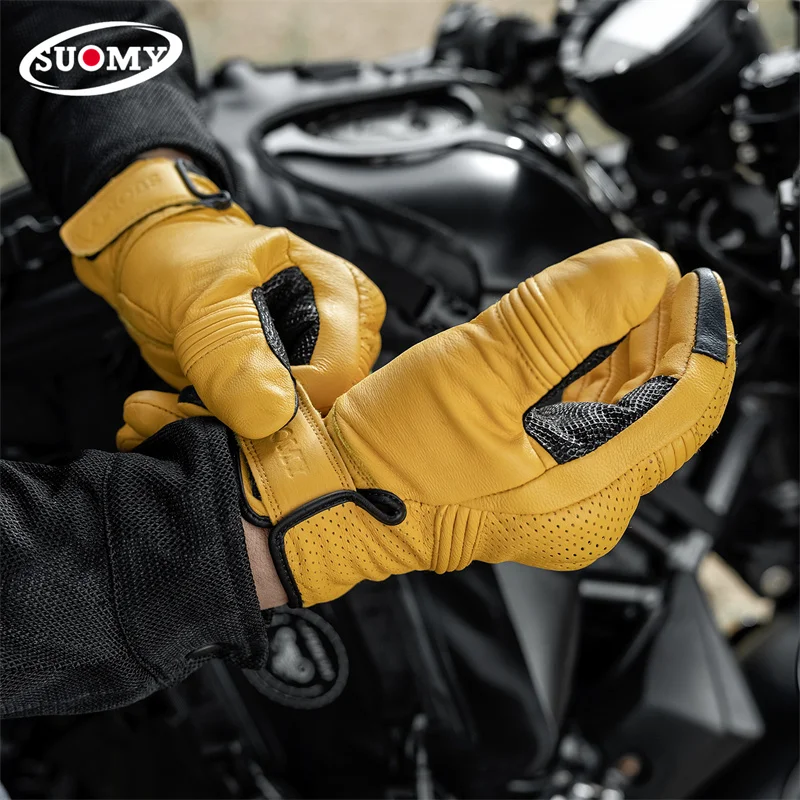 SUOMY Genuine Leather Motorcycle Gloves, Spring Summer Autumn Vintage Anti-Fall Touchscreen Urban Commuter Motorbike Gloves