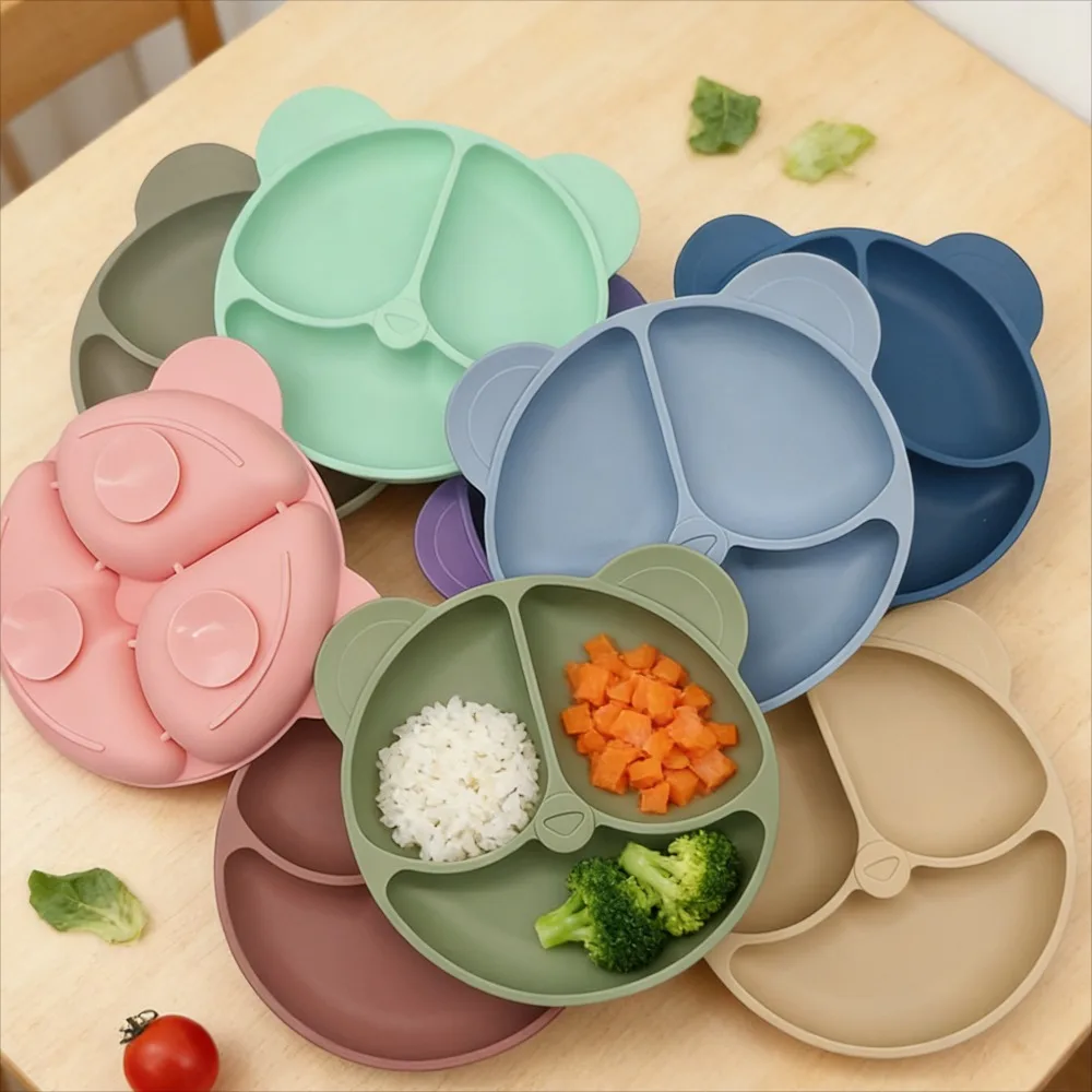 

Силиконовая детская тарелка с круглым лицом, силиконовая посуда, силиконовая тарелка для малышей, разделенная тарелка для кормления ребенка