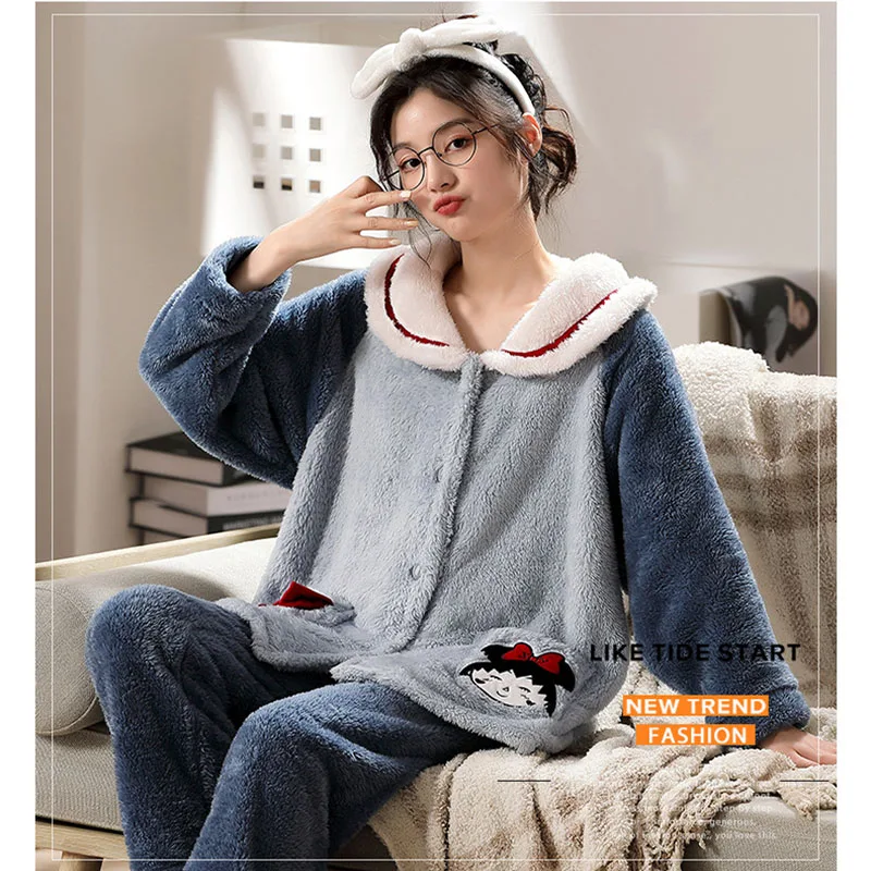 Big Size Thickened Warm Flannel Pajamas Woman Winter Student Cartoon Nightwear Long Sleeve Long Trousers Ladies Sleepwear 2PCS