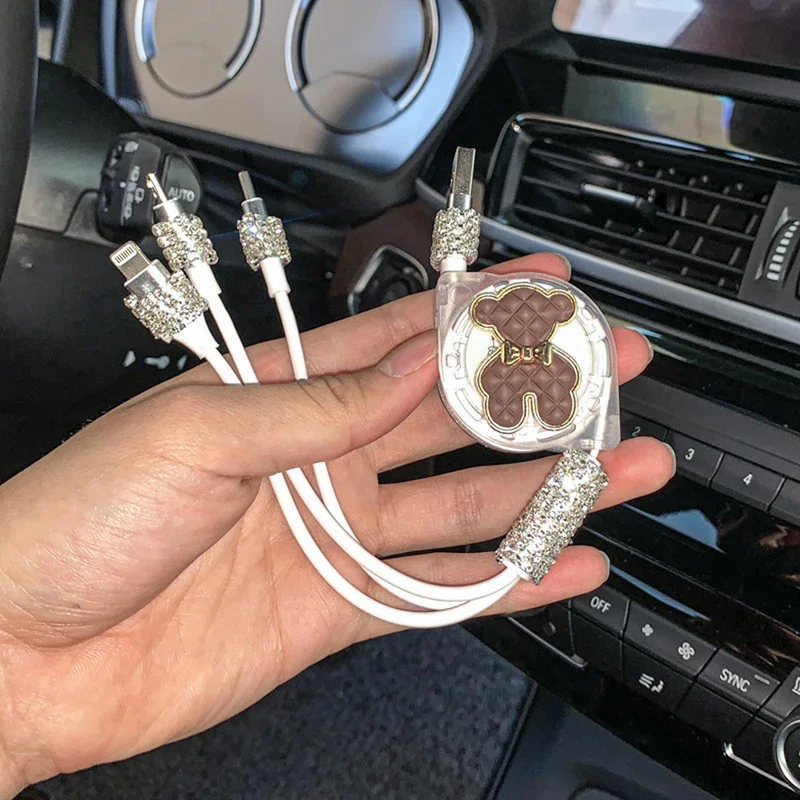 Caricabatteria da Auto Crystal Diamond Bear 1 in 3 linea dati affascinante carino Auto ricarica rapida accessori per Auto Bling per IPhone Android