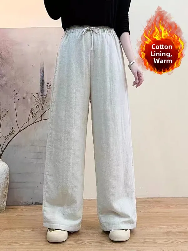 

Retro Color Simple Cotton Linen Wide Leg Pants Elastic Waist Slimming Warmth Women's plus Size Casual Trousers