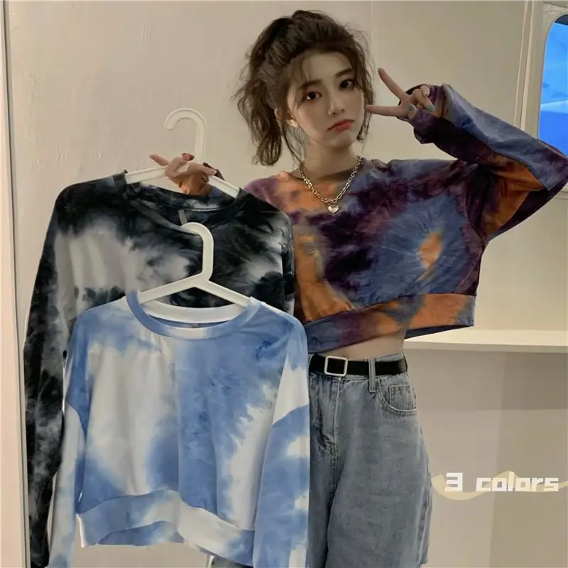 MEXZT Spring Streetwear Women Oversize Loose Pullovers Vintage Y2k Tie Dye Cropp Top Korean Fashion Long Sleeve Sweatshirts New