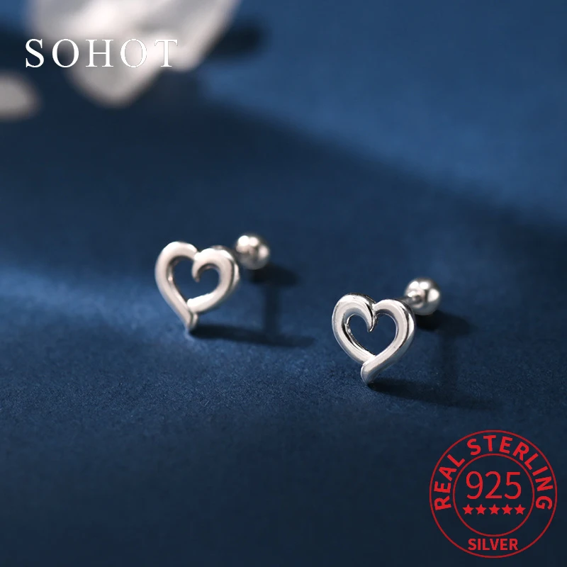 

Real 925 Sterling Silver Hollow Heart Piercing Screw Bead Mini Stud Earrings for Women Cute Minimalist Fine Jewelry Accessories