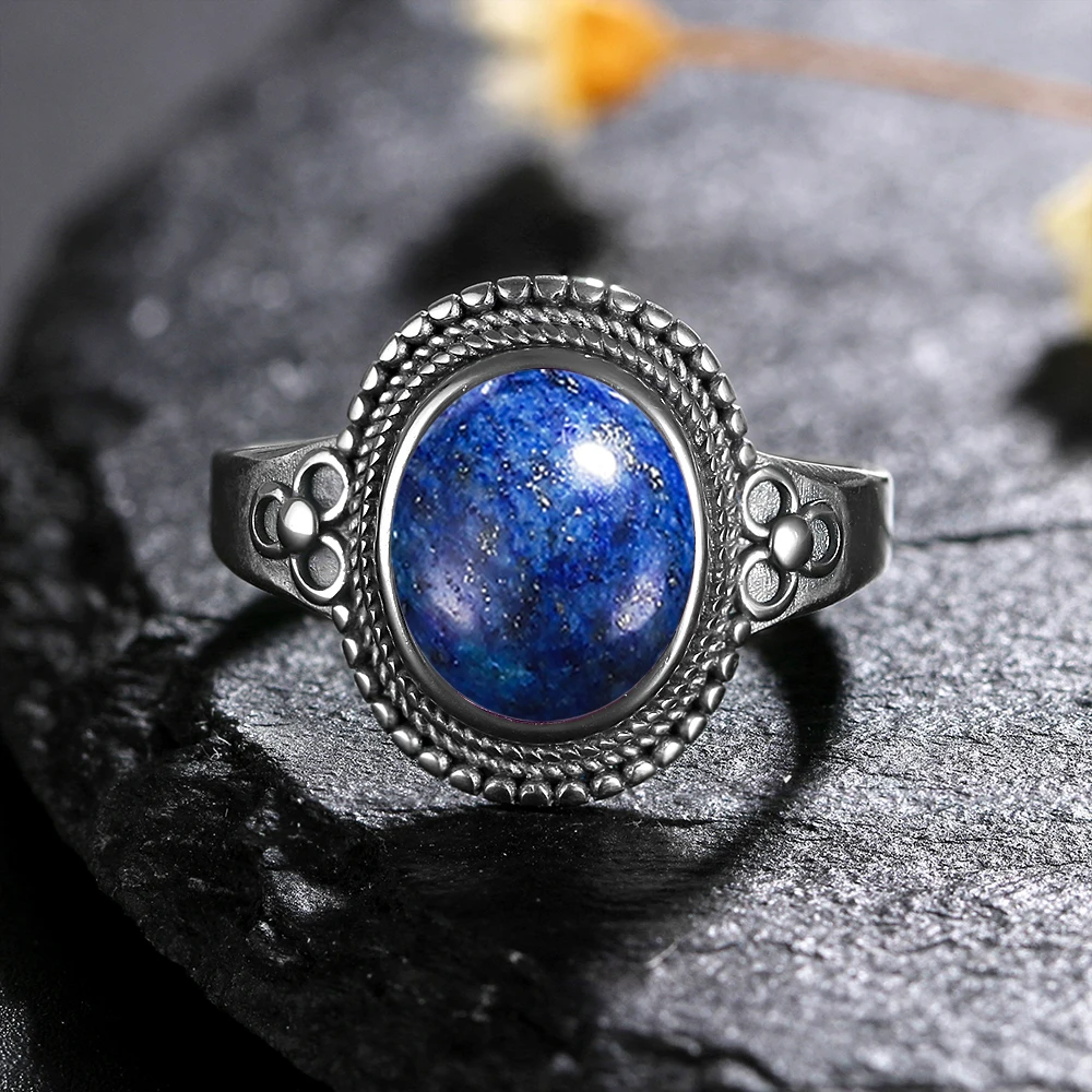 Natural 8*10MM Lapis Lazuli Finger Ring Jewelry Rings for Women Gift 925 Sterling Silver Flower Shaped Ring