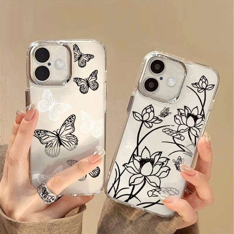 Luxury Lotus Flower Butterfly Case For iPhone 15 Pro Max Coque iPhone 16 Pro Max 14 13 12 11 Plating Lens Frame Silicone Cover