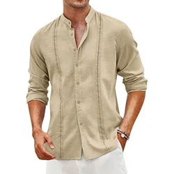 Camisas de Hombre Camisa Hawaiana White Shirt Manga Larga Beach Verano Linen Shirts for Men Cotton Lino Casual Male Clothes 2024