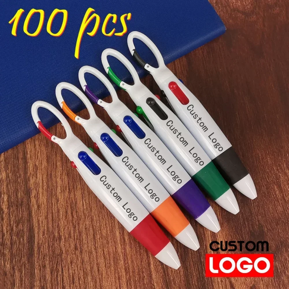 100 pcs Plastic Telescopic 4-color Ball Point Pen Carabiner Buckle Pen Engravable Custom Logo Name for Business Advertising Pen