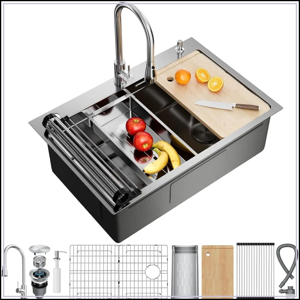 33x22 Drop-In Kitchen Sink 304 Stainless Steel Workstation Sink with Accessories