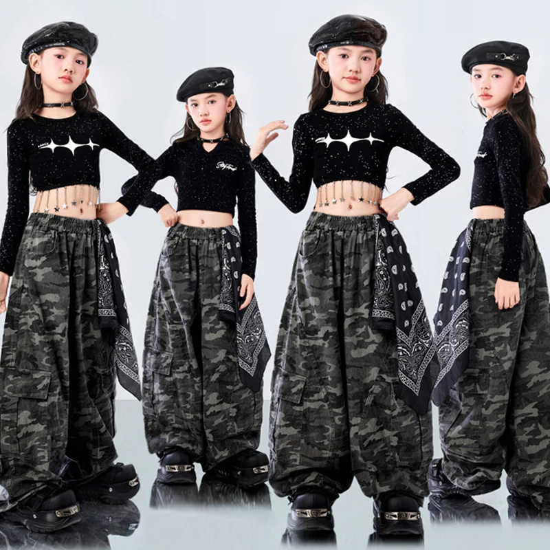 

Джазовый наряд Kpop, танцевальная сценическая одежда для девочек, блестящий черный топ, камуфляжные штаны, детская модная одежда для показа, уличная одежда в стиле хип-хоп 4655
