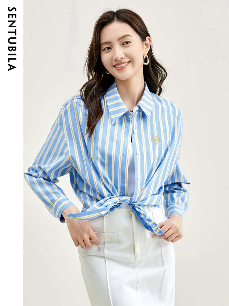 SENTUBILA Contrast Striped Casual Shirts for Women 2024 Autumn Cotton Embroidered Pattern Womens Long Sleeve Tops and Blouses