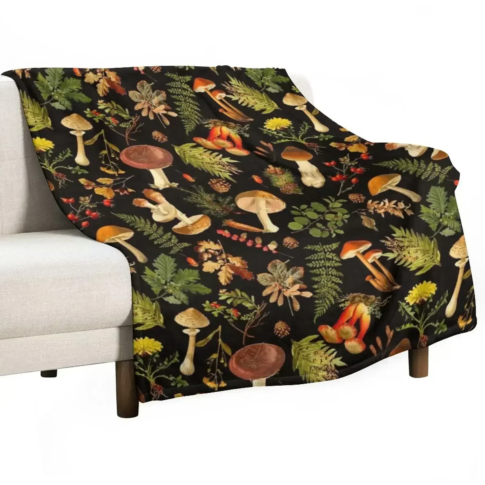 Vintage toxic mushrooms forest pattern on black Throw Blanket Loose decorative cosplay anime Soft Big Blankets