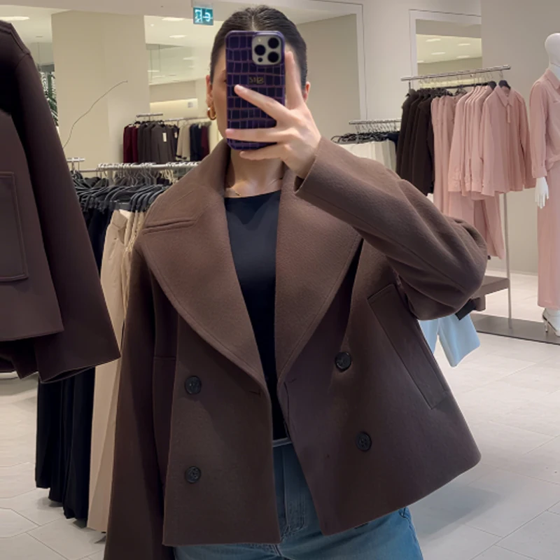 HXAO Mode Tweed Bruine Jas Dames Winterjas 2025 Crop Lange Mouw Jassen Chique Elegante Double-Breasted Anorak Outerwears