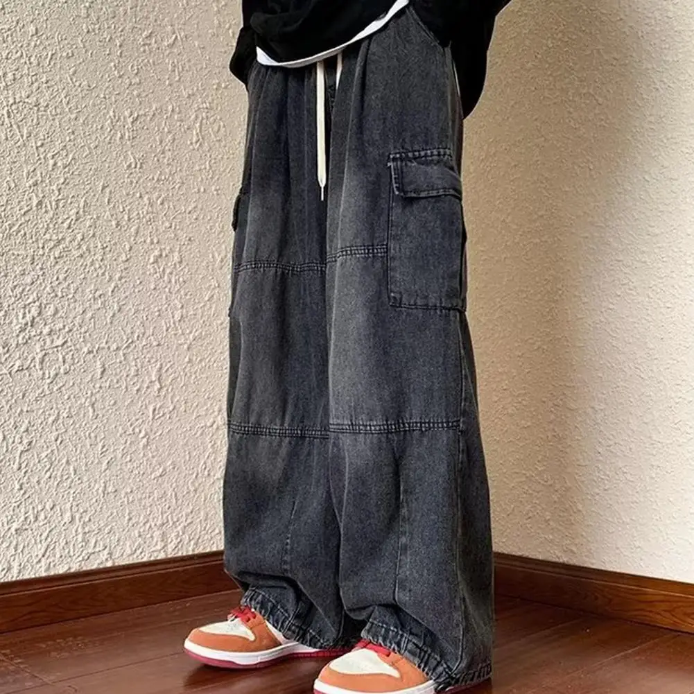 Cargo Jeans Versatile Oversized Cargo Pants Elastic Waist Drawstring Multiple Pockets Solid Color Baggy Denim Trousers for Men