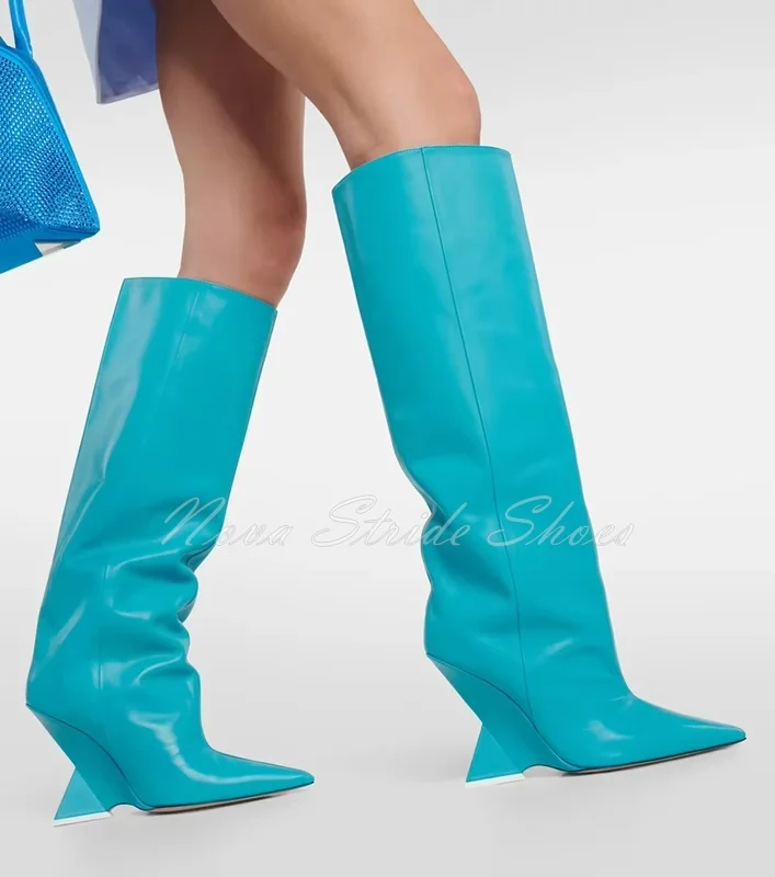 

Fashion Sky Blue Knee High Boots Pointed Toe Unique Geometric Heel Winter Boots Slip On Patent Leather Mid-Calf Women's Shoes