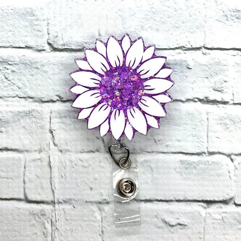 New Cute Glitter Acrylic Sunflower Badge Reel Retractable ID Badge Holder With 360 Rotating Alligator Clip Nurse Name Holder