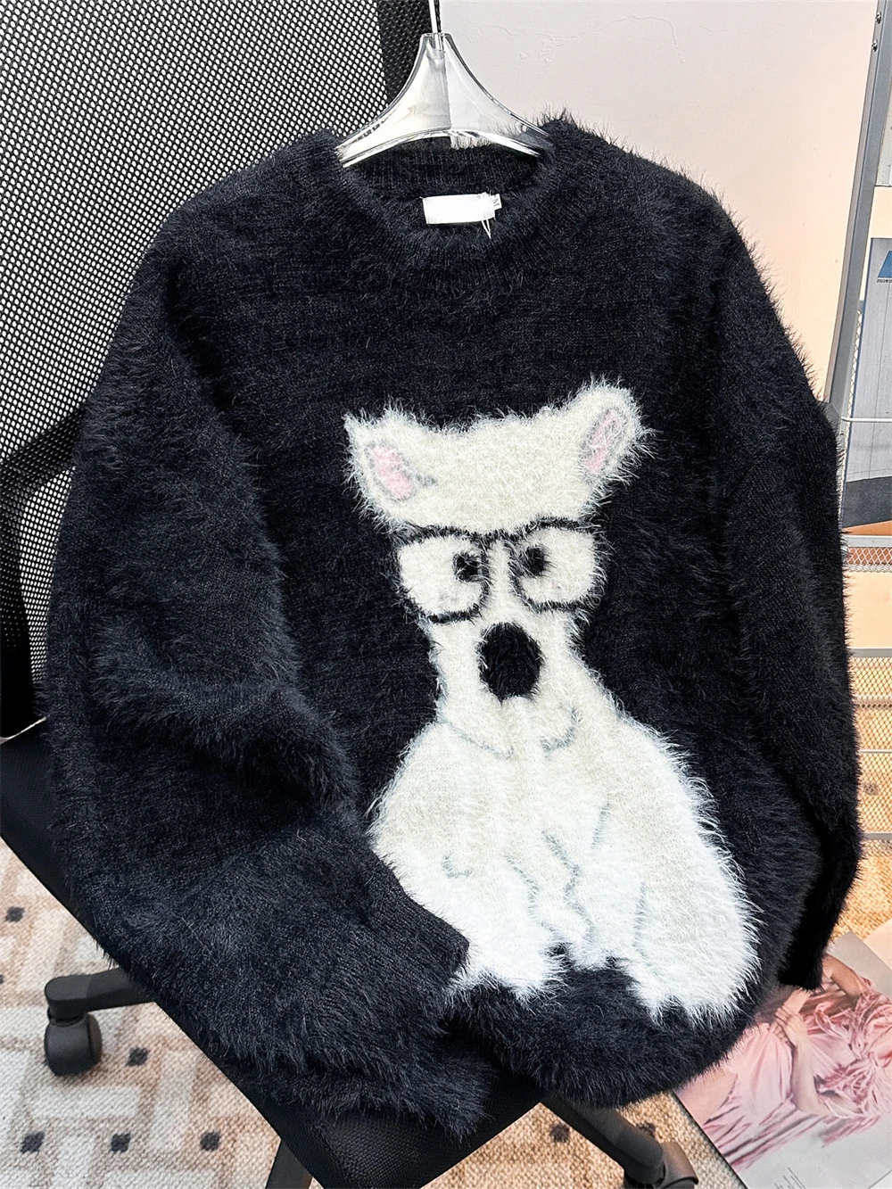 

Cute Dog Patterned Soft Mink Knitwear Loose Fit Unisex Autumn Winter Lazy Style Comfortable Versatile Long Sleeve round Neck ...