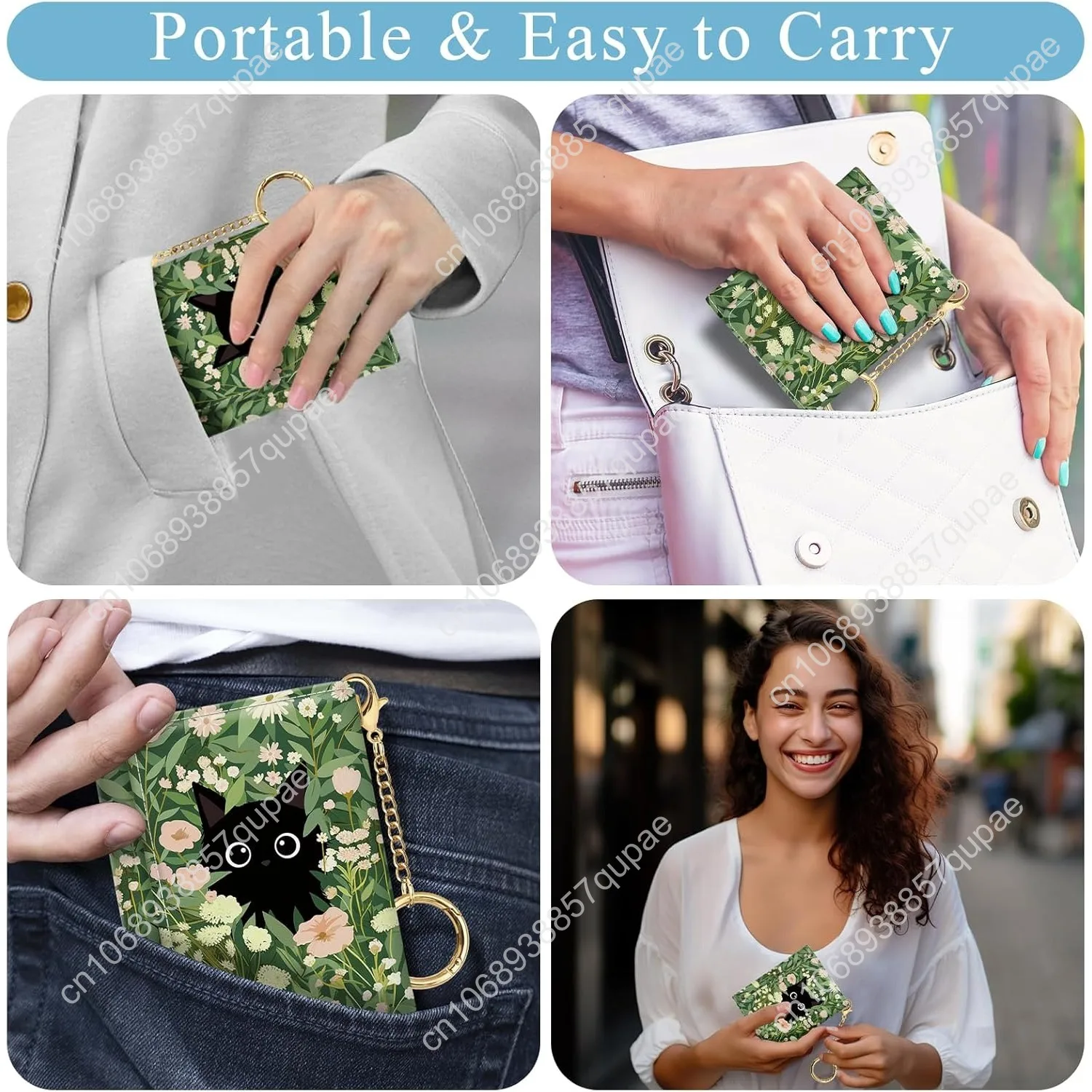 Black Cat Floral Womens Wallet, Small Slim RFID Blocking Card Wallets, Cute Trifold PU Leather Card Holder Wallet Organizer, Min