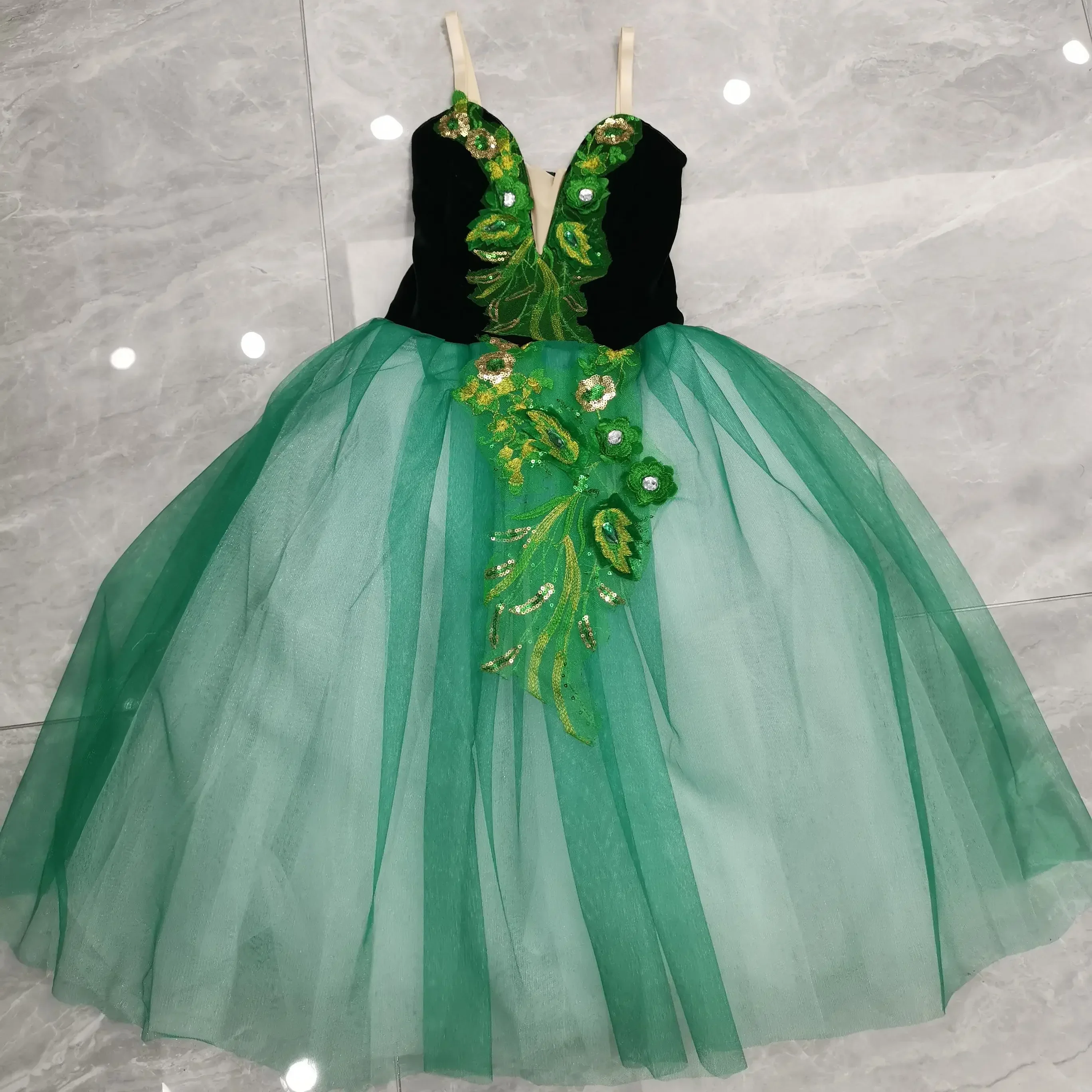 Vestido longo de dança para meninas, roupa de dança de tule, traje romântico feminino, vestido verde dançante, novo