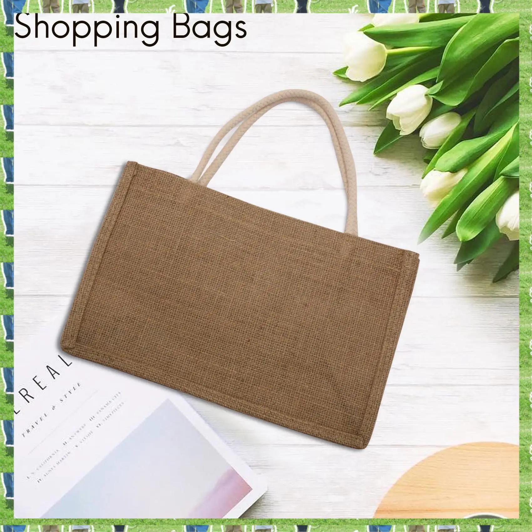 FTS-bolsa de arpillera de yute para mujer, bolsas grandes reutilizables para comestibles con asas, bolsa de compras ecológica DIY