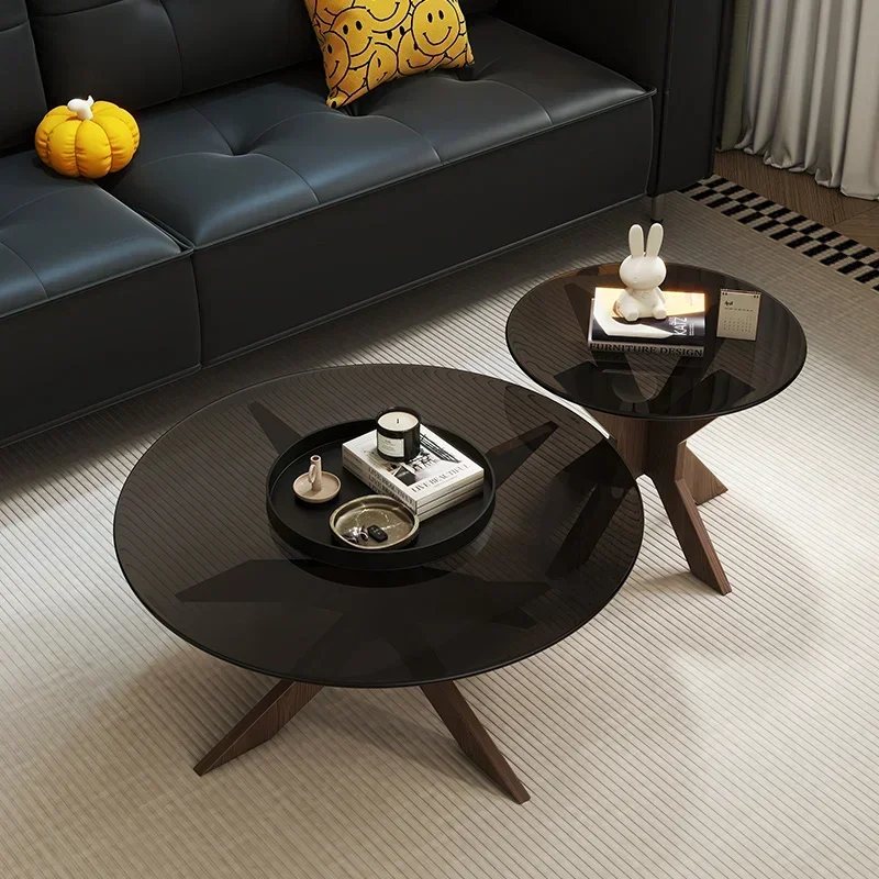 Round Modern Design Side Table Black Glass Simple Center Wood Coffee Table Lateral Apartamento Tavolino Da Salotto Furniture