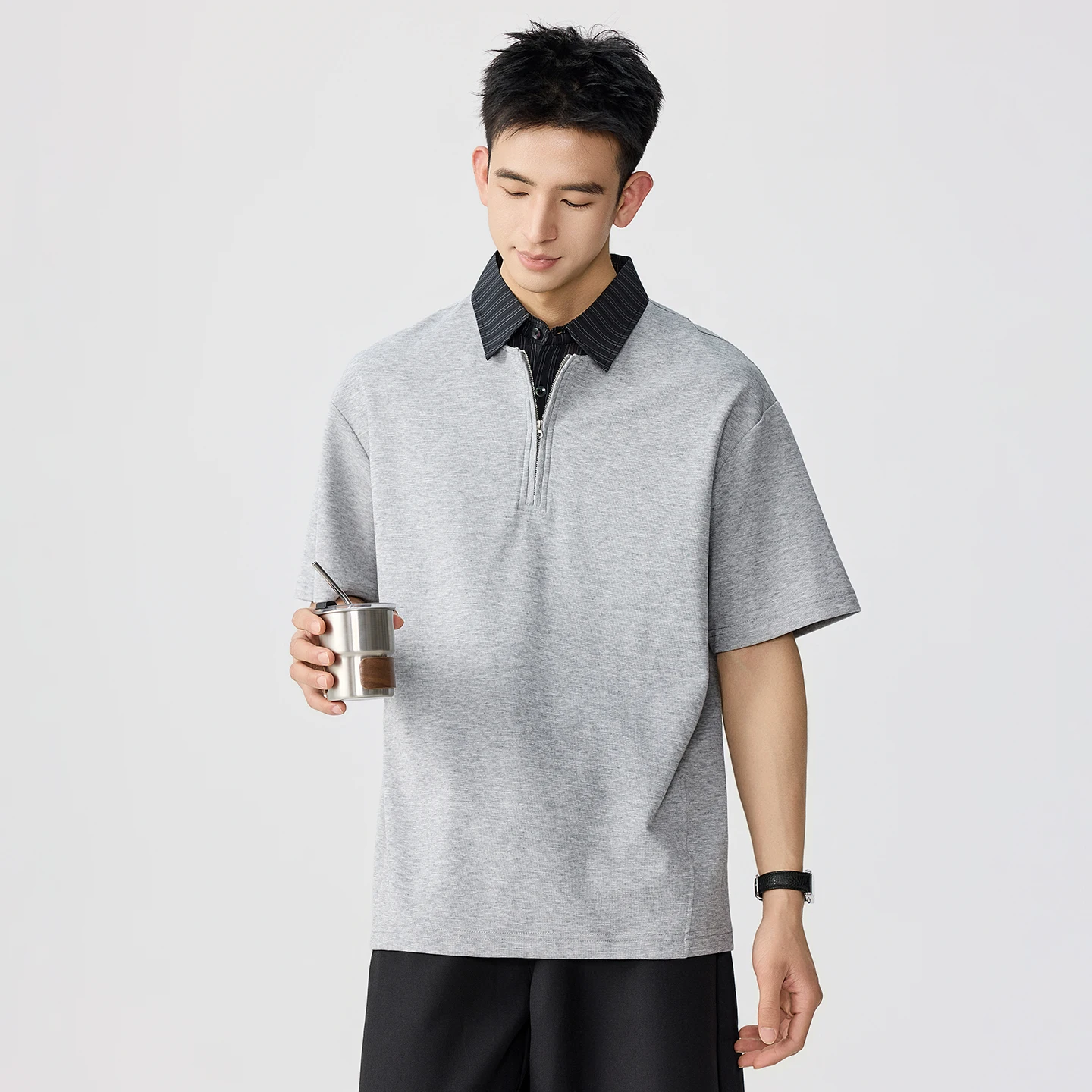 Splice Stripe Collar Zipper T Shirt Men Loose Casual Fashion Vintage Short Sleeve Polo Shirts Male Streetwear Tshirt Tops