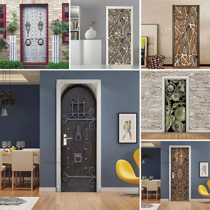 Retro Iron Door Stickers, 3D Creative Metal Rusty Door Stickers, PVC Apartment Elevator Decoration Murals