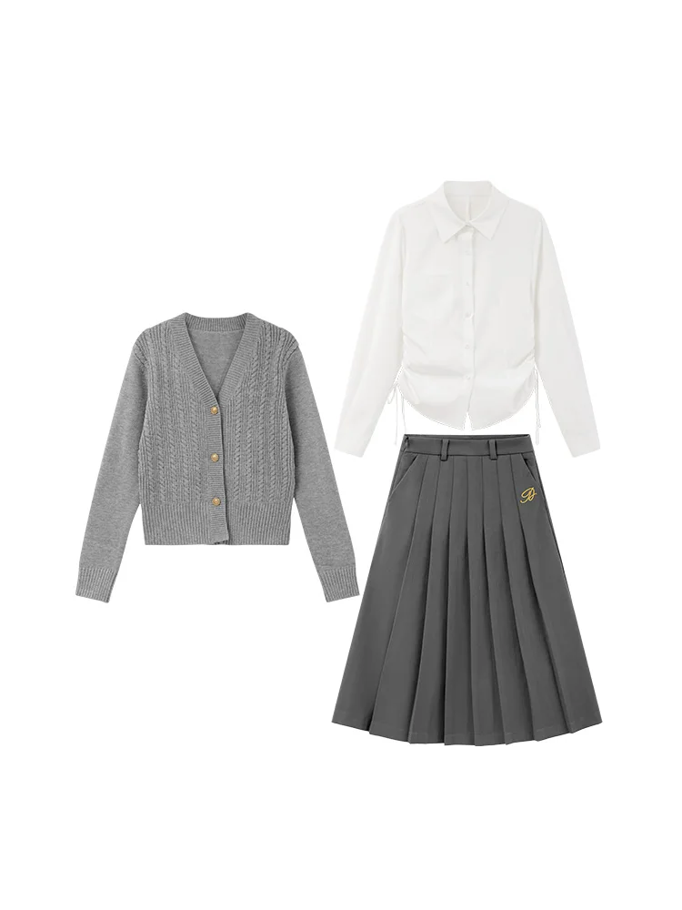 Vintage-Inspired Cable Knit Cardigan and Pleated Skirt Set – Chic Preppy Style with Drawstring Shirt and Embroidered Detailing