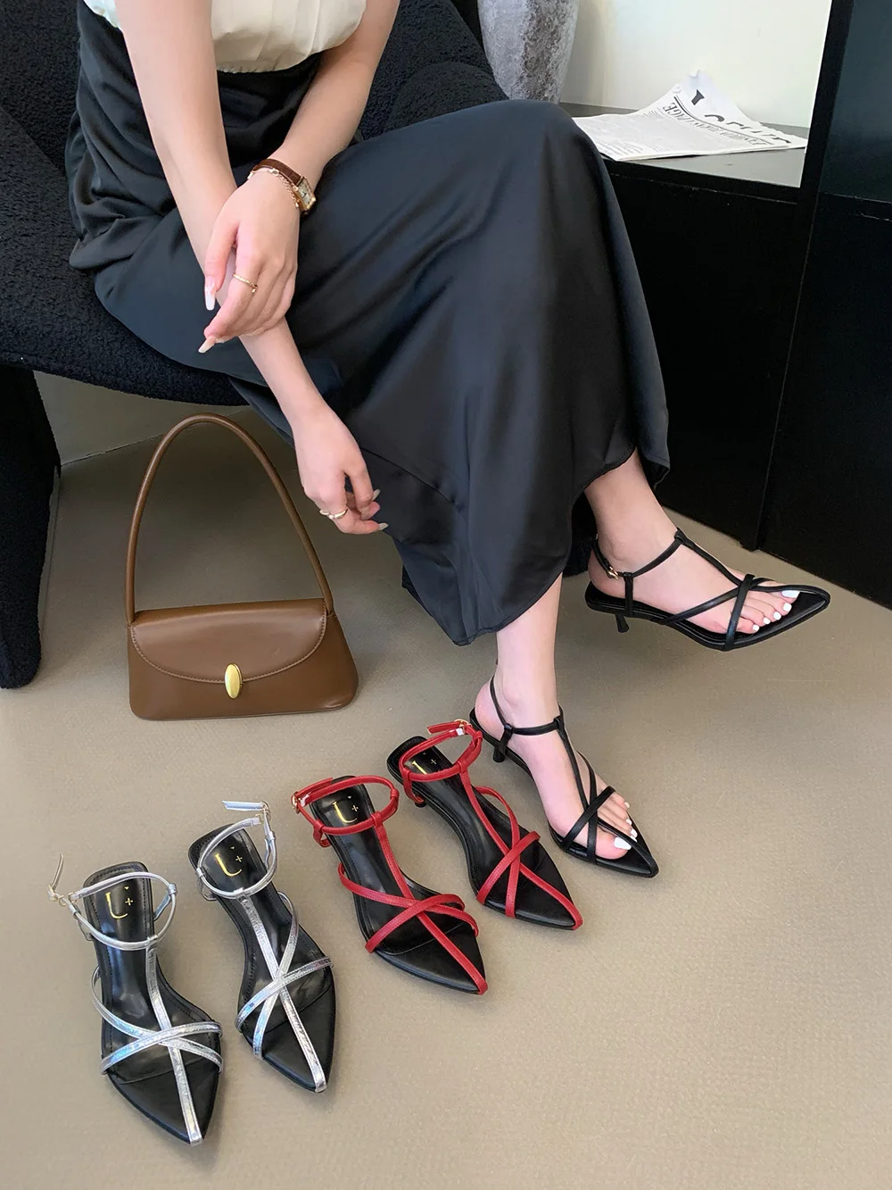 Pointed Toe Women Sandals Fashion Dress Party Pumps Thin High Heels Ankle Strap Black Red Silver Hollow Design Wedding Pumps