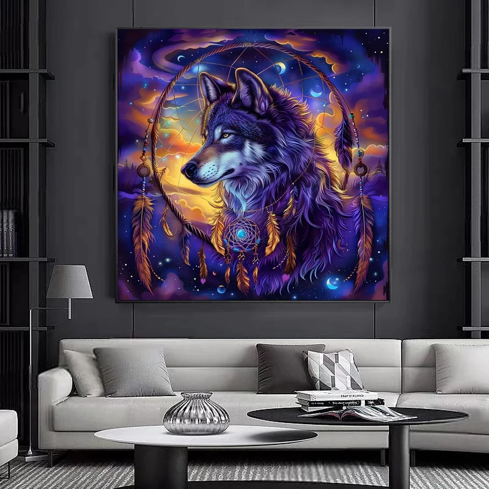 Full Square Round Diamond Painting Cross Stitch Wolf Diamond Mosaic Animal Dream Catcher Embroidery Rhinestones Home Decor