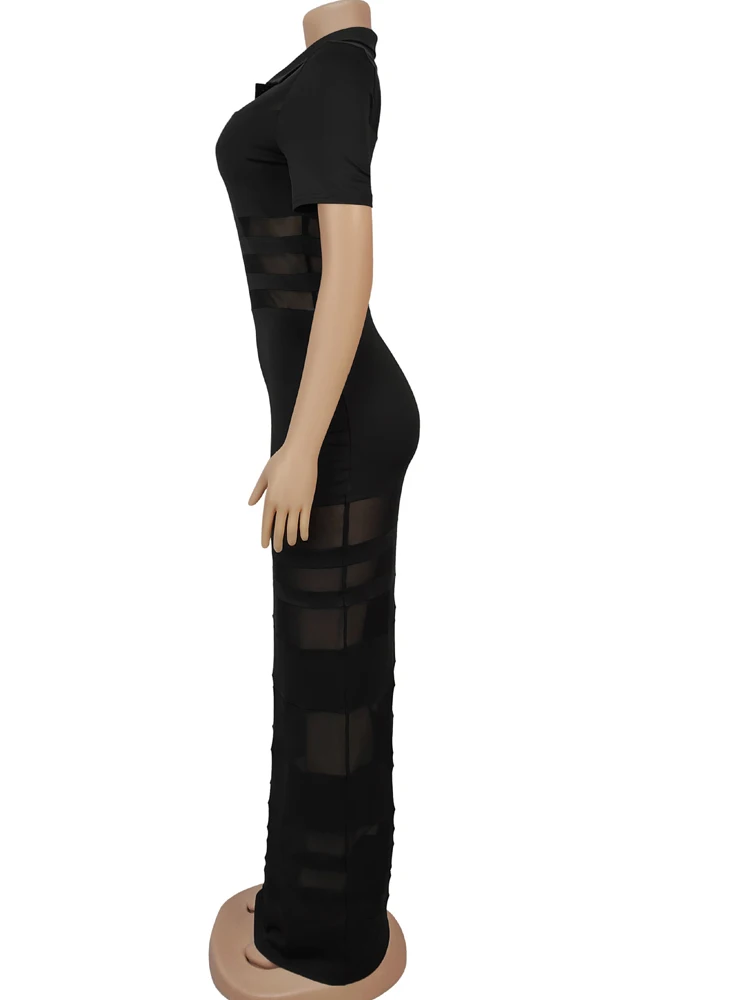 Kricessen nuevo Chic Turn-Down Collars ahueca hacia fuera la malla transparente Patchwork Vestidos largos Vestidos de fiesta elegantes Vestidos de noche vestido