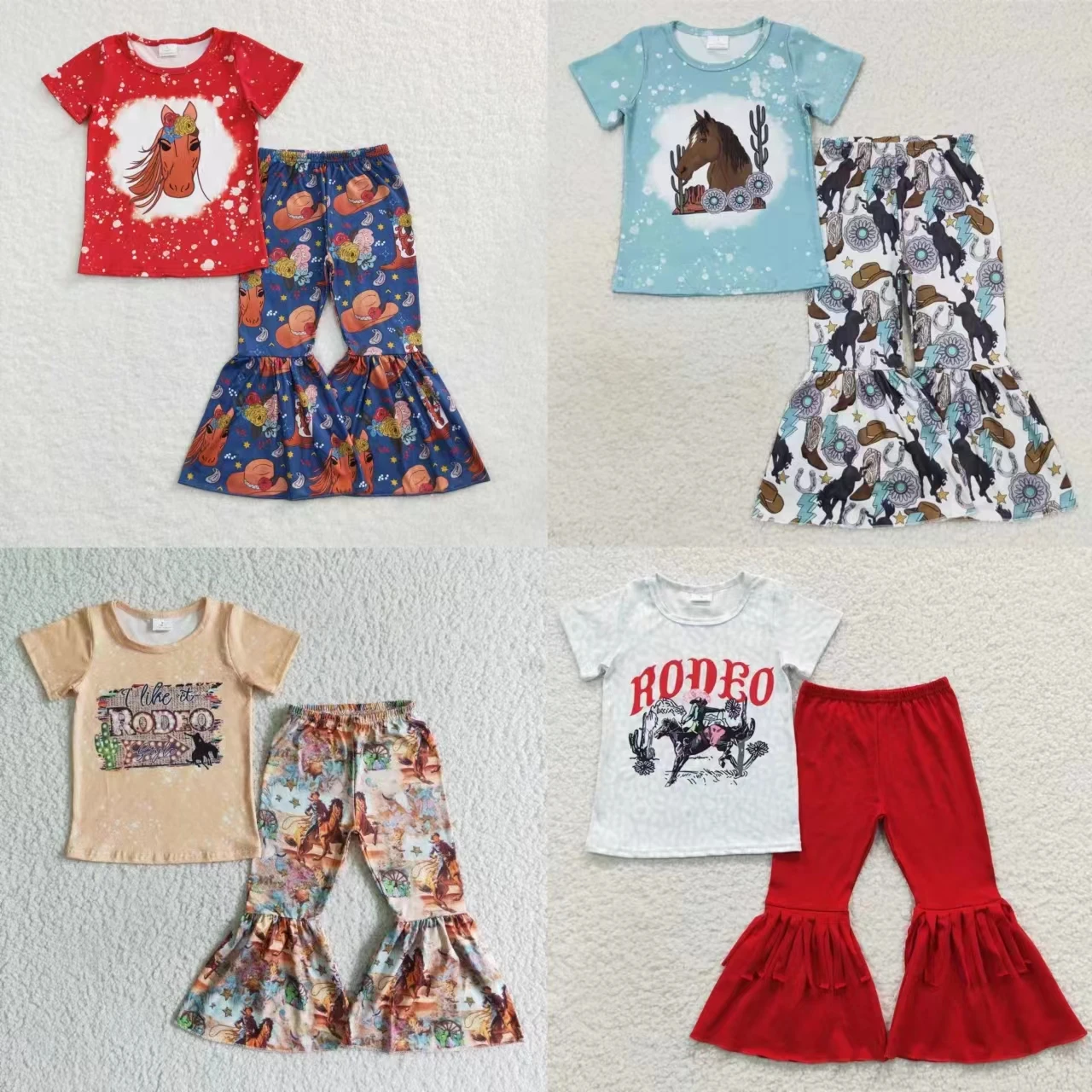 Wholesale Children Kids Rodeo Outfit Baby Girl Short Sleeves Horses T-shirt Tops Bell Bottom Pants Toddler Infant Western Set