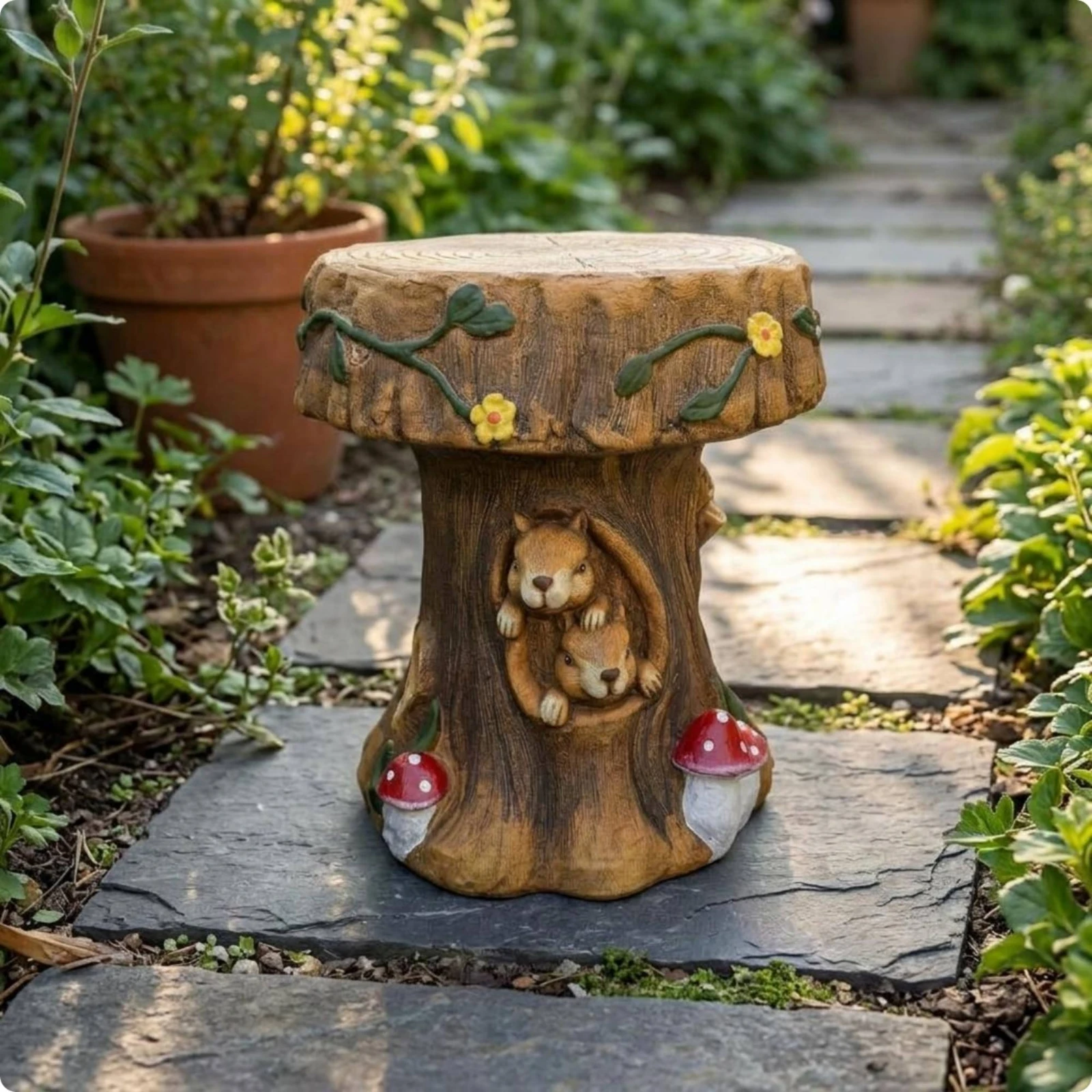 

Squirrel Stool Whimsical Design Squirrel Carved Stool Resin Stump Seat Weathered Look Outdoor Decor Flat Top for Courtyard, Park