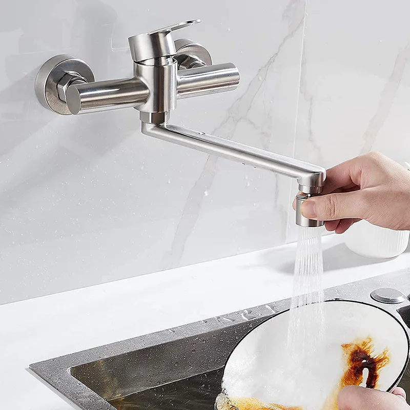 Kitchen Aerator Faucet Wall Mounted 304 Stainless Steel Single Handle Double Hole Hot Cold Water Saving Mixer Sink Mop Pool Tap