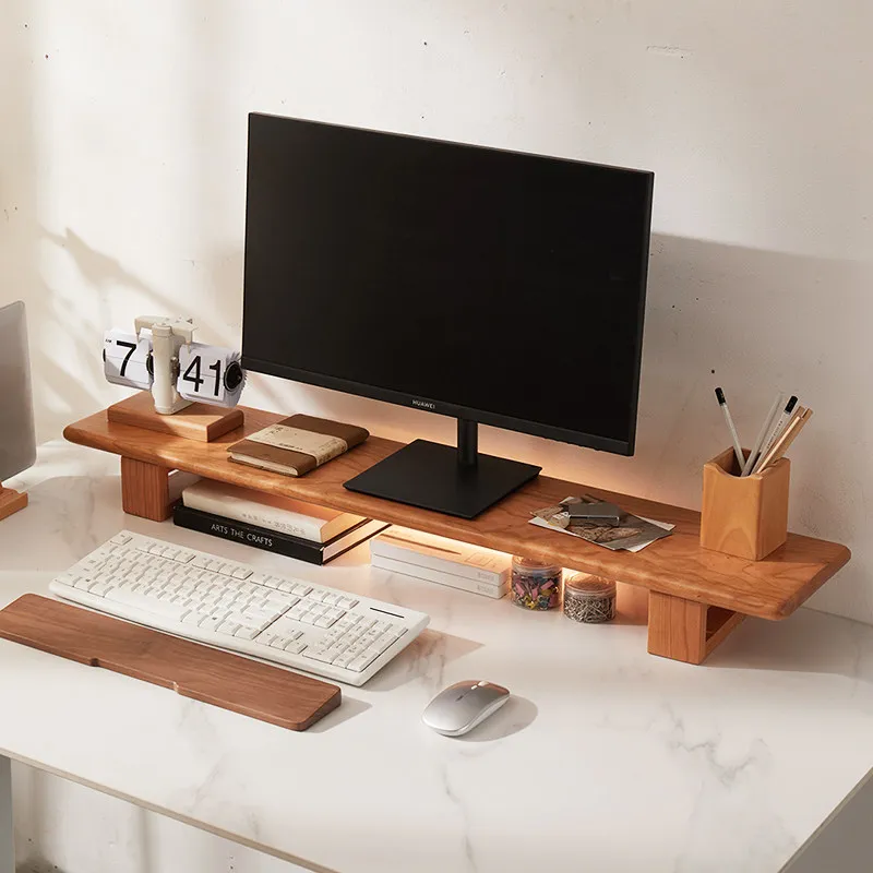 Cherry Wood Monitor Riser Holder Office Desktop Monitors Organizer Stand Home Monitor Storage Shelf Computer Display Screen Base