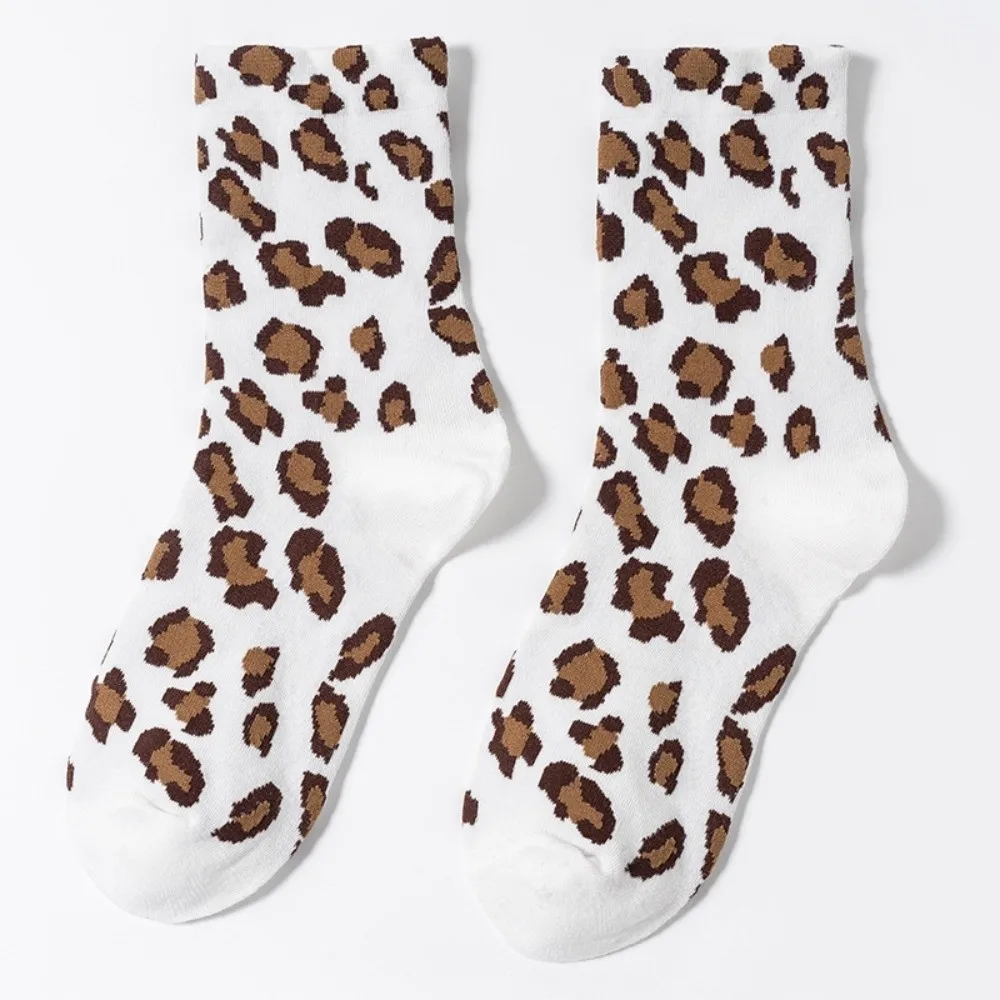 5 Pairs Korean Style Leopard Print Socks Breathable Elastic Famale Tube Socks Polyester-cotton Sweat-Absorbing Mid-Calf Socks