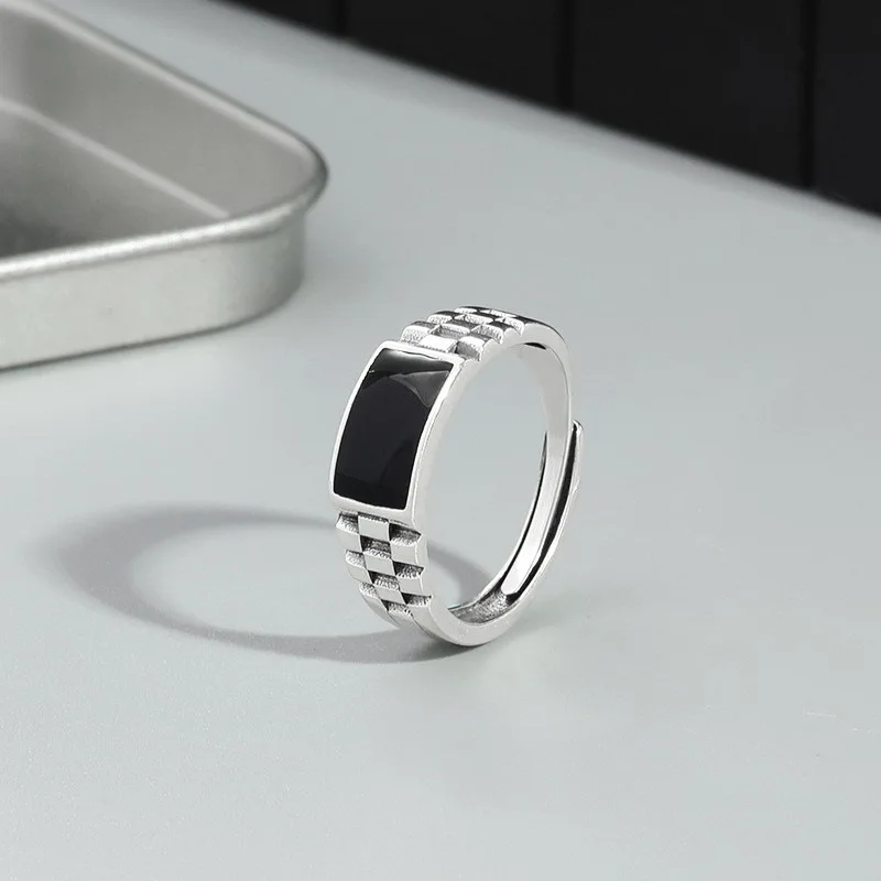 Vintage Checkerboard Ring for Men Unique Black Epoxy Open and Adjustable