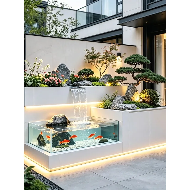 Modern Stainless Steel Outdoor Water Feature Fish Pond with Waterfall Creative Garden Landscape Fish Tank Villa Courtyard Decor