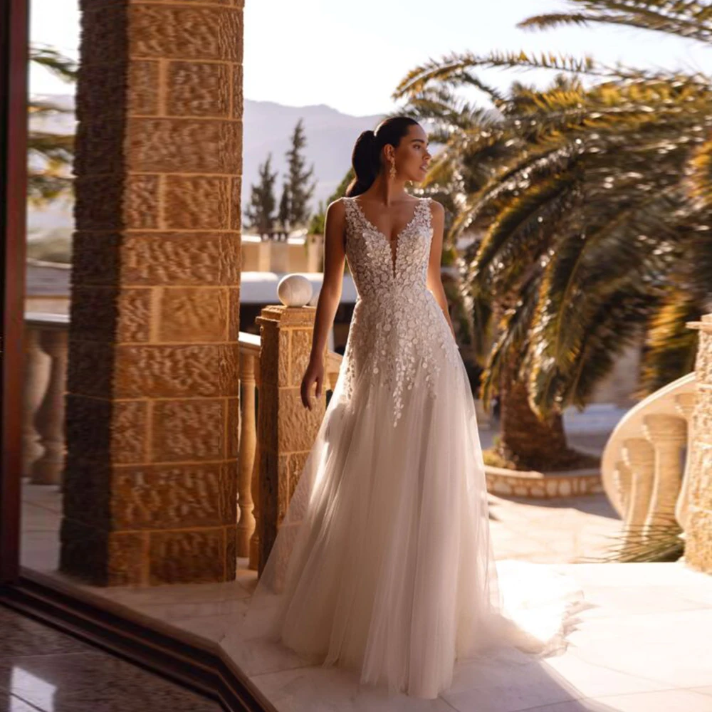 

Customized Sparkly Tulle Applique Wedding Dress Sleeveless Beads Sweep Train Gown V-Neck Paillette 2025