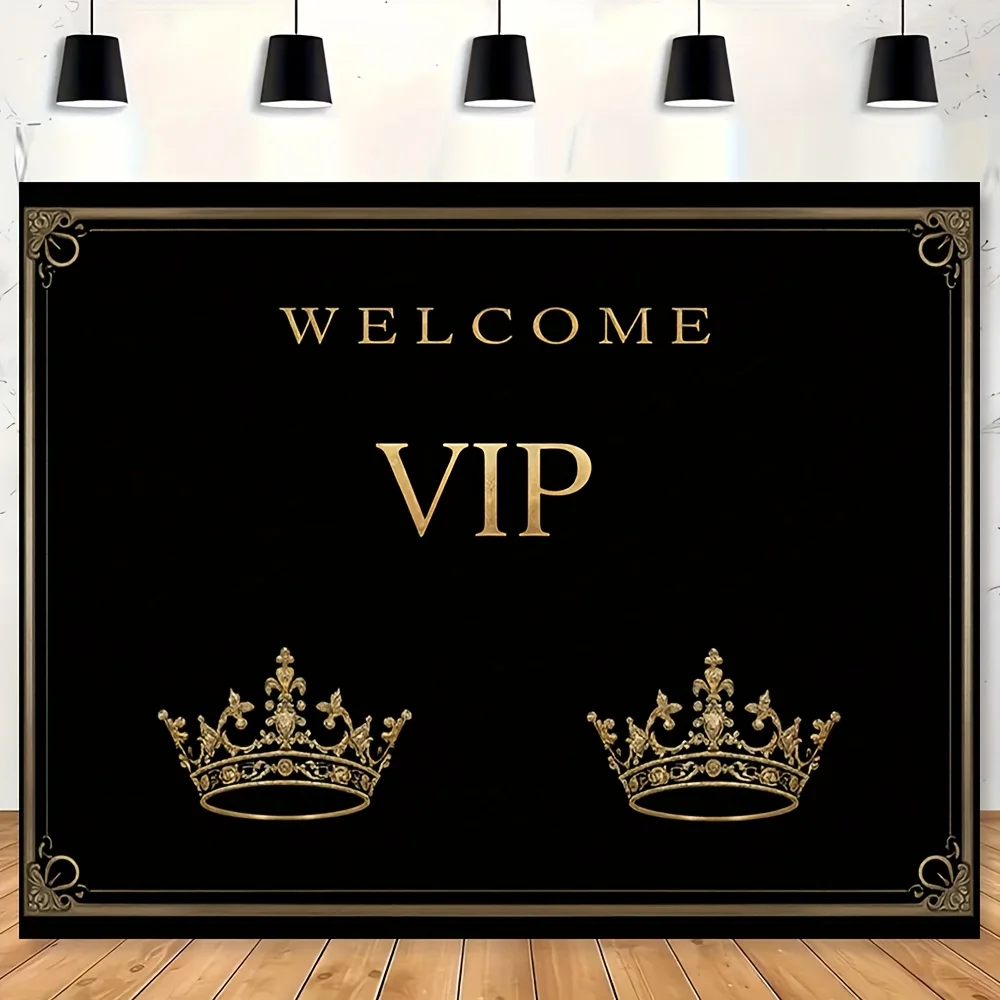 1, VIP-Hintergrund in Gold und Schwarz – ein elegantes Willkommenslogo mit goldenem Kronen-Design, geeignet für Partys und Fotografie