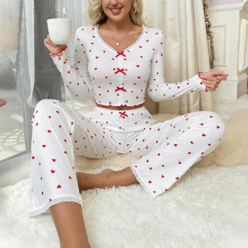 Selling home clothes printed love V-neck long sleeve pajamas women can wear trousers 2 sets