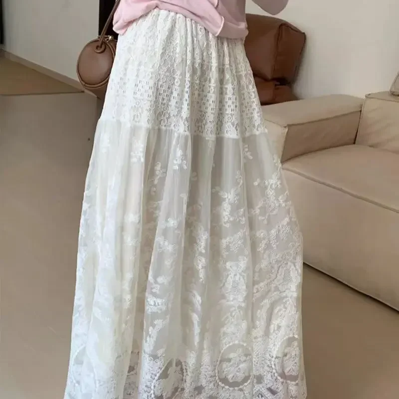 

Chinese Style Lace Skirt For Women High Waist Solid Color Temperament Jupe 2025 Faldas Mujer De Moda Fashion Sweet Summer Skirts