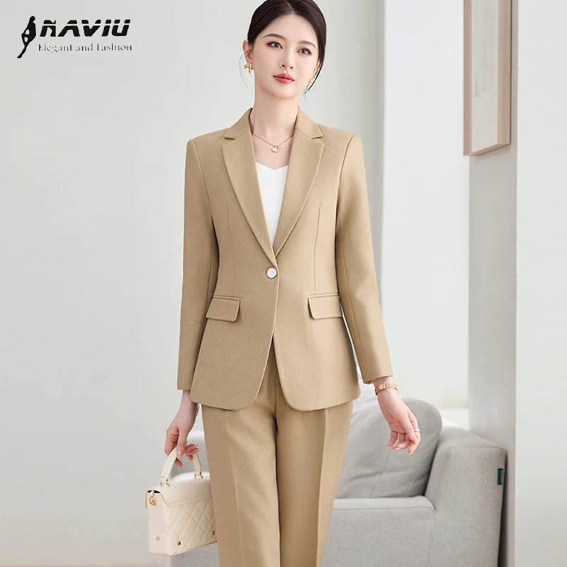 

NAVIU Spring New Temperament Casual Blazers Outfit Women Single Button Long Sleeve Jacket And Pants Office Ladies Two Piece Set